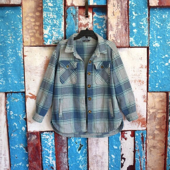 Women's Member's Mark Plaid Shacket Button Up Long Sleeve MEDIUM Blue Plaid - Picture 1 of 11